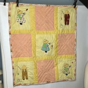 Vtg baby patchwork doll animal quilt pink yellow 41x37